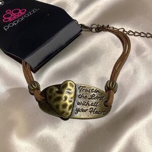 Paparazzi Trust in the Lord Heart Brass Brown Suede Wrap Bracelet Religious